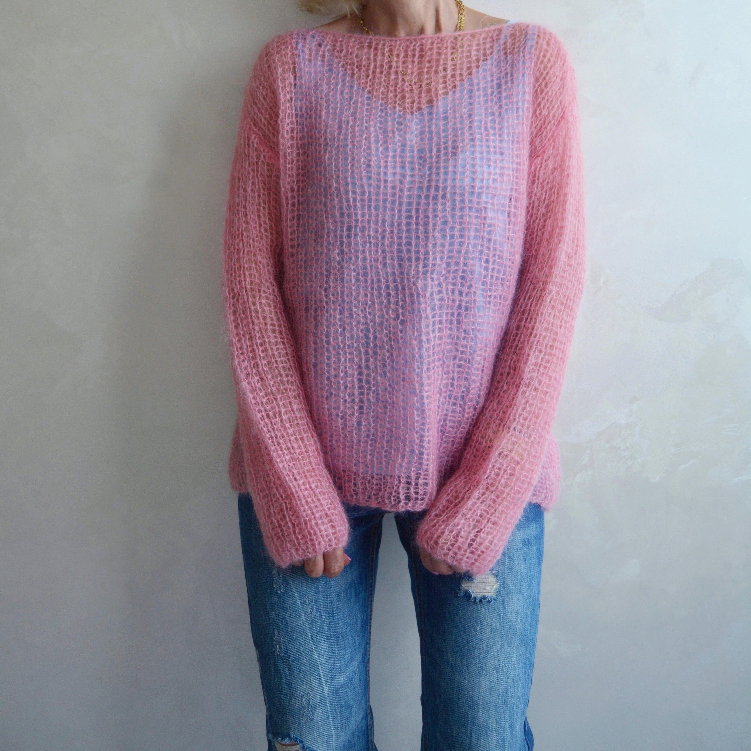 Pink Sweater, Mohair Sweater, Loose Knit Sweater, Turtleneck Sweater,  Spring Sweater, Women Wool Sweater, Pink Knitted Top, Cozy Sweater 